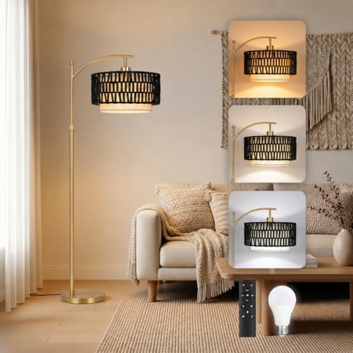 Arc Floor Lamp for Living Room with Remote, 57.5"-67" Height Adjust Dimmable Bulb Floor Lamps with 3 Color Temps, Boho Standing Lamp with Rattan & Fabric Shades, Farmhouse Tall Lamp for Bedroom Corner by NUBEAURA