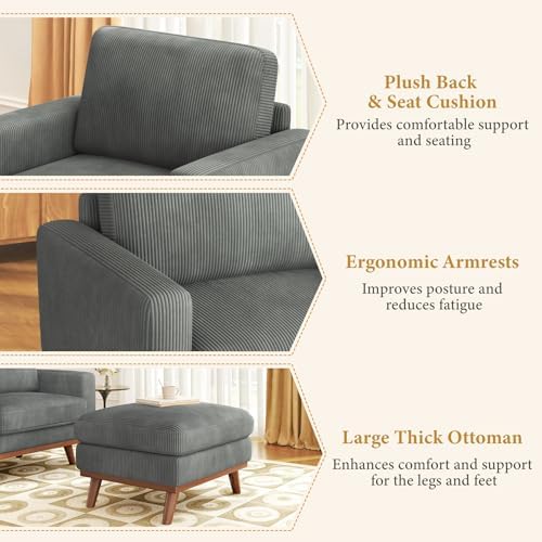Vesgantti 38.5" Accent Chair with Movable Ottoman, Comfy Corduroy Armchair with Spring Cushion, Reading Chair with Ottoman, Modern Single Sofa for Living Room, Bedroom and Apartment, Dark Gray - Image 3
