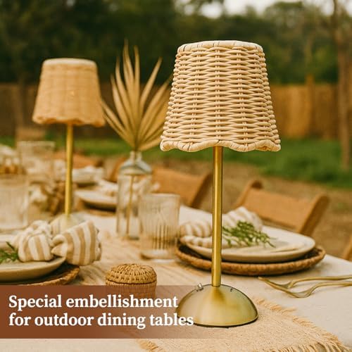 12 Inch Rattan Cordless Table Lamp, Without Bow, Gold, 2 Pack - Image 5