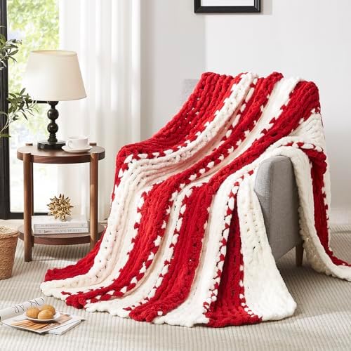 L'AGRATY Chunky Knit Throw Blanket for Couch, 72 x 84 Inches, Red White by LAGRATY