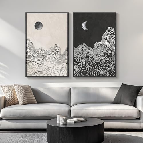 Large Framed Black White Abstract Wall Art for Living Room Set of 2, 24x36 by Cuspin