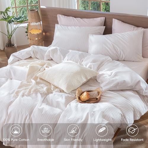MooMee Striped Duvet Cover Set 100% Washed Cotton Linen Like Oversized King - Image 4