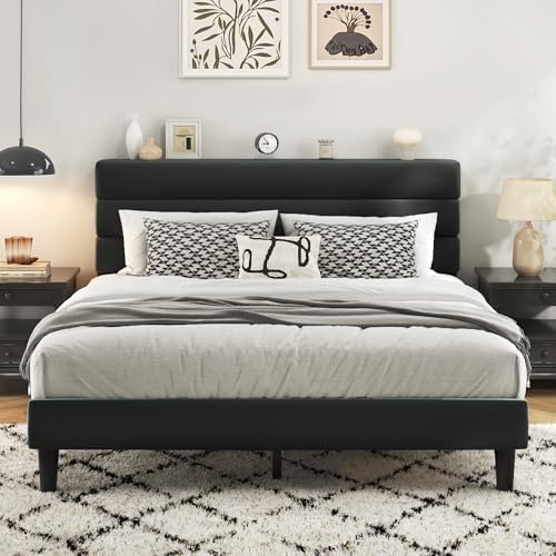 Fluest Queen Bed Frame, Platform Bed Frame with Velvet Upholstered Headboard, No Box Spring Needed, Sturdy Metal Support, Noise Free, Easy Assembly, Modern Bedroom Furniture, Black by Fluest