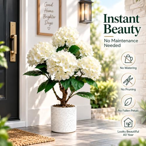 Artificial Hydrangea Trees, 2-Pack, Weighted Pots for Front Porch - Image 4
