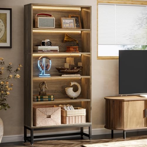 Tribesigns Tall Bookcase Bookshelf, 70.8" Large Bookcases Organizer with LED Lights, Heavy Duty Free-Standing Library Bookshelf with 5-Tier Storage Shelves for Living Room, Bedroom (Gray) - Image 3