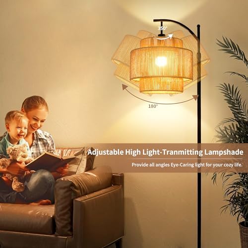 ILLMTW Rattan Floor Lamp for Living Room Bedroom Boho Arc Standing Lamp with Remote Dimmable Black Farmhouse Wicker Bamboo Lamp Shade Floor Light Tall Lamp Industrial Floor Lamps Bohemian Decor - Image 7