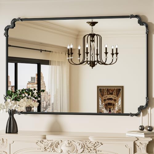 TETOTE Vintage Antique Black Rectangle Mirror for Mantle Fireplace 55 x 36 Traditional Baroque Ornate Scroll Wall Mirror with Metal Frame for Living Room Bedroom, Horizontal/Vertical by TETOTE