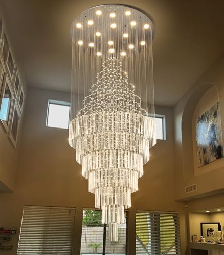 HAIXIANG W40 x H120 Glam Chandelier with LED Bulbs Crystal Raindrop High Ceiling Pendant Light for Entrance Large Villa Chandelier Foyer Lighting Fixtures Silver by HAIXIANG