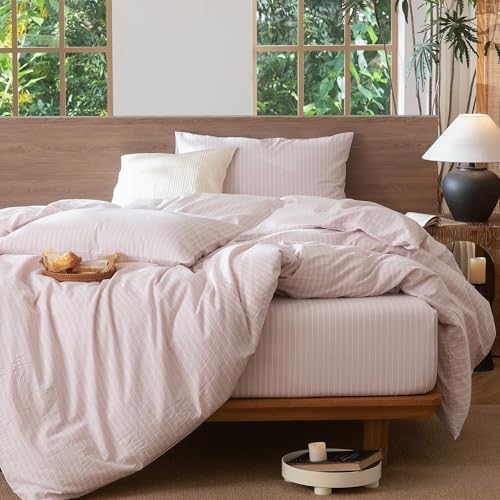 MooMee Striped Duvet Cover Set 100% Washed Cotton Linen Like Twin - Image 6