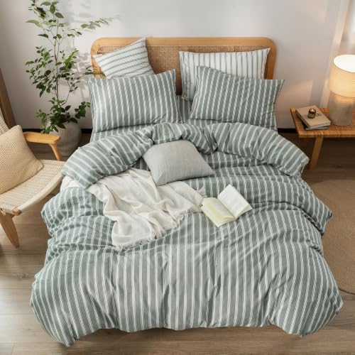 BESTOUCH Striped Cotton Duvet Cover Set Linen Feel King - Image 3