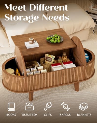 Fluted Oval Lift Top Coffee Table with Storage, 47" Wood Mid Century Modern Coffee Table for Living Room, Walnut - Image 6