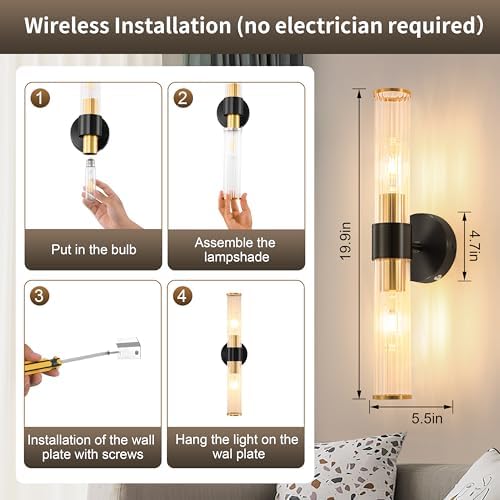 Morauroral Black Gold Battery Operated Wall Sconce, Rechargeable Wall Lights with Remote, 20 Inch Modern Wireless Wall Lamp for Bedroom, Living Room with Clear Glass Shade (Bulbs Included) - Image 5