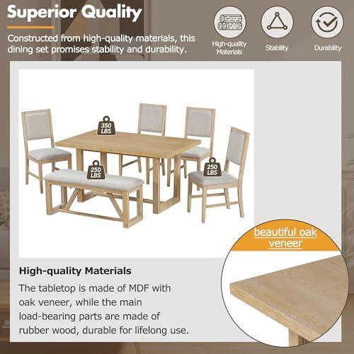 VilroCaz 6-Piece Vintage Dining Table Set, Acacia Wood Rectangular Dining Table with Designed Trestle Base and 4 Upholstered Chairs&1 Bench, Retro Kitchen Dining Room Table Set of 6 (Natural-Desig) - Image 6