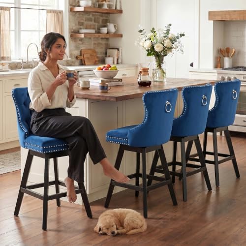 SoarFlash Kitchen Swivel Bar Stools with Solid Wood Legs Upholstered Counter Stools Set of 4, Blue - Image 4