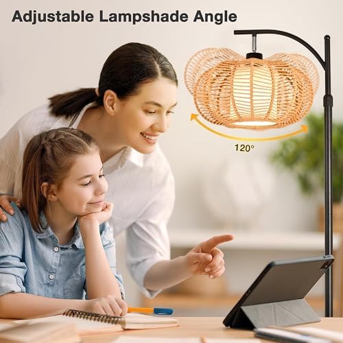 ZECOXOL Arc Floor Lamps for Living Room Bedroom Rattan Boho Floor Lamp with Remote Control,Dimmable Led Standing Lamp Wicker Lamp Shade Rustic Tall Floor Lamp Modern Flower Lamp for Bedroom Corner - Image 3