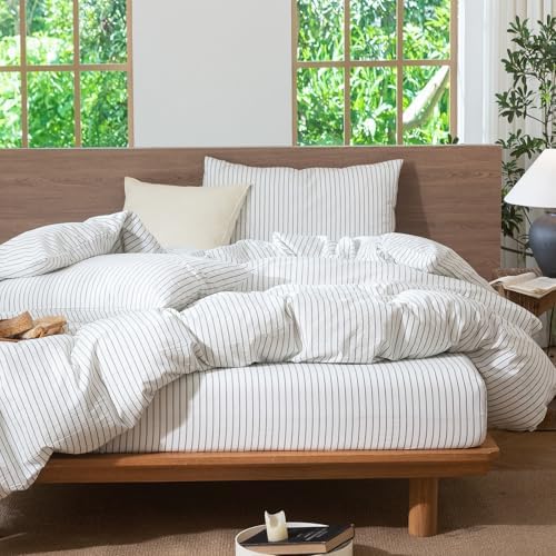 MooMee Striped Duvet Cover Set 100% Washed Cotton Linen Like Alaska King - Image 4