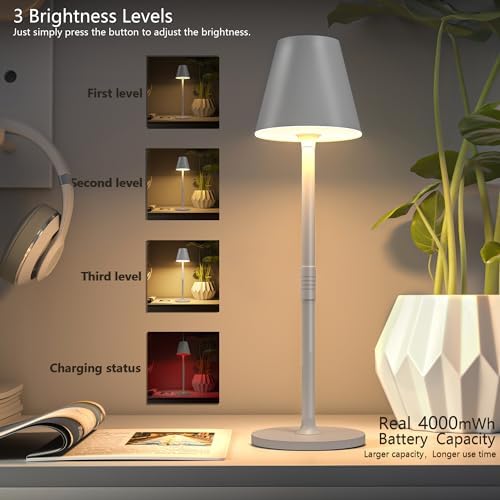 Timjorman 2-Pack Cordless Table Lamps - 5000mAh Rechargeable Battery Operated Desk Lamp, 3-Level Dimmable LED Night Light for Bedroom, Dining, Restaurant - Metal Design (White 2-Pack) - Image 2