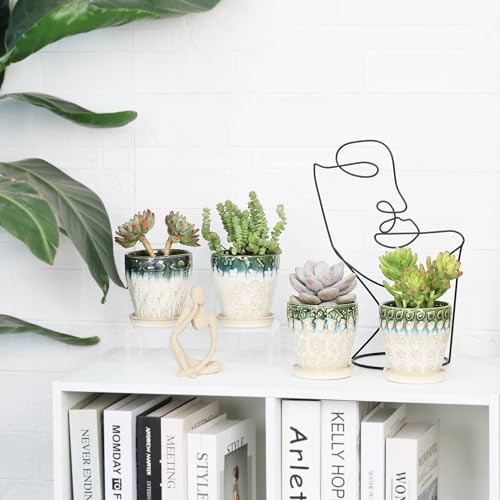 Succulent Planter 4 inch, Succulent Pot with Drainage Holes, Saucers and Mesh Pads for Indoor Plants, Ceramic Pot for Indoor Plants- Set of 4 - Image 6