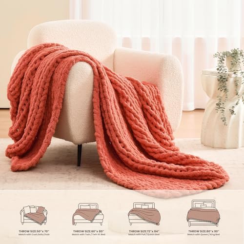 L'AGRATY Chunky Knit Throw Blanket for Couch, 50 x 60 Inches, Coral Pink - Image 6