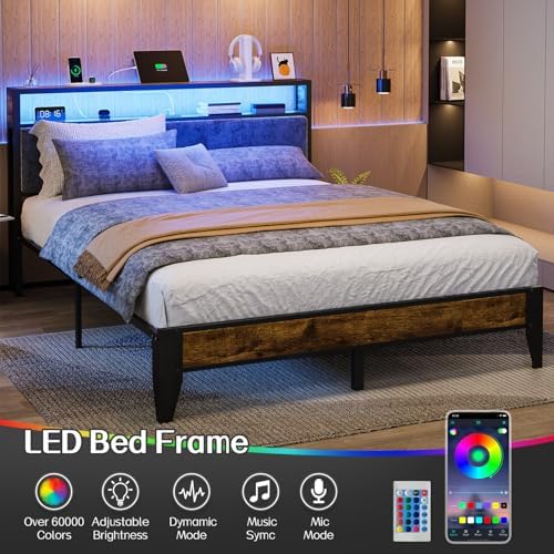 OLEVS Queen Size Bed Frame with Charging Station & LED Light, 2-Tier Storage Headboard & Footboard, Noise-Free Metal Platform Bed No Box Spring Needed, Easy Assembly - Image 5