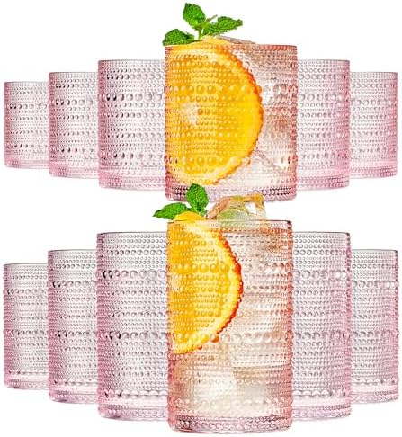 Khen Hobnail Beaded Highball Drinking Tumbler Glasses | Set of 12 | Pink Blush Color, Vintage Bubble Design Whiskey Glassware, Old-Fashioned, Embossed Design for Water, Wine, Cocktail, Rocks Glass by Khen