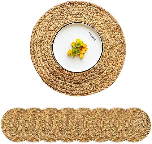 Round Placemats Set of 8 Natural Woven Rattan Placemats, Braided Boho Farmhouse Place Mats Heat Resistant Dining Table Mats Straw Placemat Wicker Outdoor Placemat for Patio Table 13.4'' by CYSISTERS