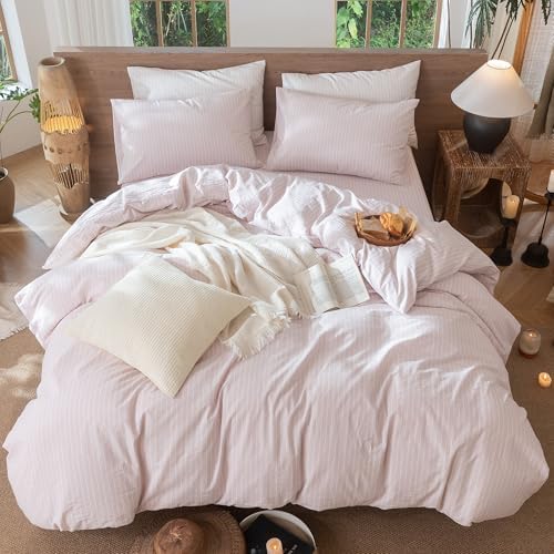 MooMee Striped Duvet Cover Set 100% Washed Cotton Linen Like Twin - Image 5