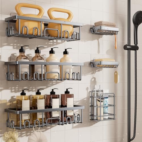 Veken Shower Caddy 6-Pack, No Drilling & Rustproof, Waterproof Adhesive Shelves Rack with Soap Holder, Large Capacity Bathroom Organizers and Storage, Wall-Mounted Kitchen & Home Decor, Bright Silver by Veken