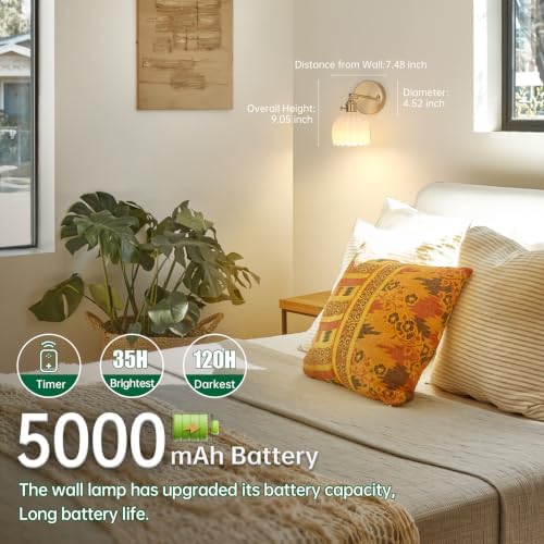 Shenmoyl Vintage Battery Operated Wall Sconce with White Tulip Glass Lampshade 5000 mAh Rechargeable Battery Powered Wall Light with Remote Control for Bedside Bedroom Doorway, Set of 2 - Image 3