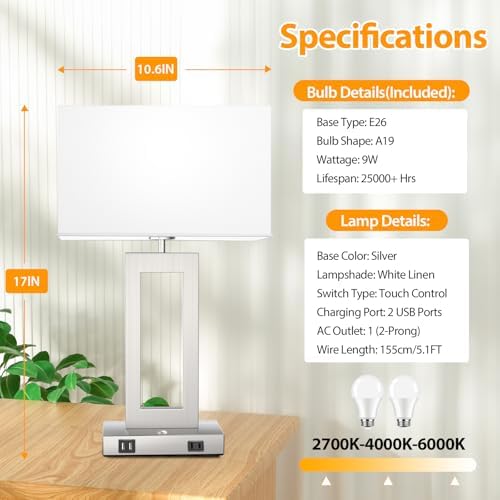 3 Color Temperatures Touch Control Table Lamps Set of 2, Stepless Dimmable Bedside Lamps with 2 USB Ports&AC Outlet, Modern Nightstand Lamps for Bedroom Living Room, Bulbs Included, Silver&White - Image 6