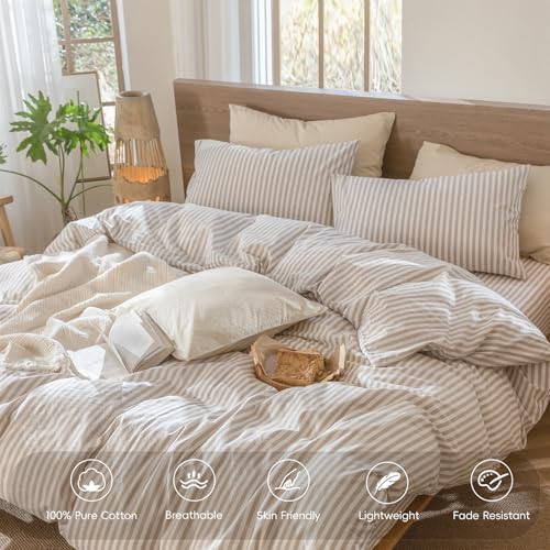 MooMee Striped Duvet Cover Set 100% Washed Cotton Linen Like Cal King - Image 4