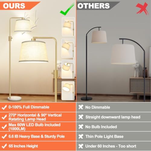 Nintiue Dimmable Gold Floor Lamp, 1000 LM LED Edison Bulb Included, Arc Floor Lamps for Living Room with Marble Base, Modern Standing Lamp Tall Lamps for Living Room Bedroom - Image 2
