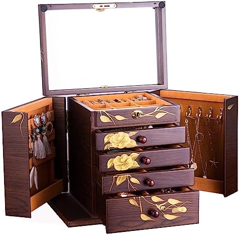 Wooden Jewelry Box for Women, 5-Layer Large Lock with Drawers by WelcometotheXloverise
