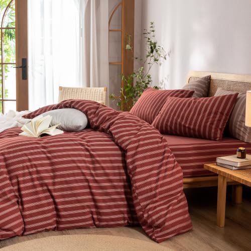 BESTOUCH Striped Cotton Duvet Cover Set Linen Feel Oversized Full - Image 4