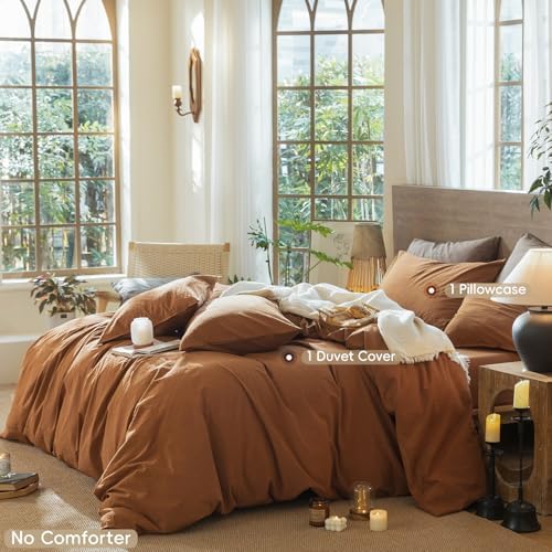MooMee Wavy Striped Duvet Cover Set 100% Washed Cotton Linen Like Textured Breathable Durable Soft Comfy (Dark Orange, Twin 68"x90") - Image 2