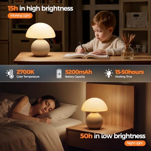 NIORSUN Wireless Mushroom Lamp,Table Lamp for Bedroom, Portables Cordless Lamps,Wireless lamp,Small Bedside Table Touch Lamps for Living Room,Mini Mushroom 5200mAh Battery Operated Lamp Modern (White) - Image 5