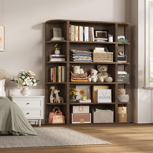 TVU 5-Tier Wood Book Shelf, 47" Wide Large Bookshelf and Bookcase, 62" Tall Bookshelf with Curved Side Shelves, Freestanding Wood Display Book Shelves for Living Room, Home Office, Walnut - Image 7