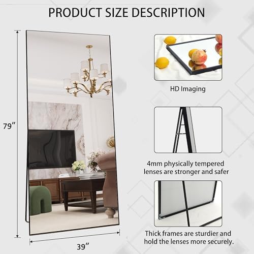 Beauty4U 79" x 39" Full Length Mirror with Stand, Black Large Floor Mirror - Image 3