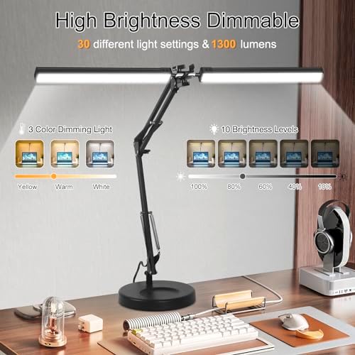 2-in-1 LED Desk Lamp, 24W Brightestwith Table Lamp with Clamp, Desk Light with Flexible Swing Arm,3 Color Modes Stepless Dimmable Double Head Architect Desk Lamps for Home Office Workbench Reading - Image 5
