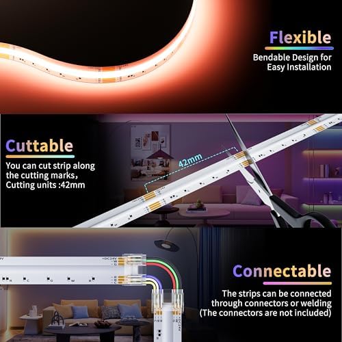 PAUTIX COB LED Strip Lights,20ft RGB+CCT 2700K-6500K White LED Lights,Dimmable Color Changing RGB LED Strip Light,with Remote/APP Control,for Kitchen Cabinets,Ceiling,Party DIY Lighting Projects - Image 4