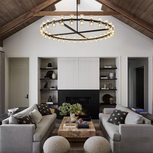 Modern 60 inch Black Round Chandelier, Extra Large Chandeliers Crystal Chandeliers for Living Room, Large Wagon Wheel Chandelier for Foyer, Staircase, Entrance,Includes Bulb - Image 2