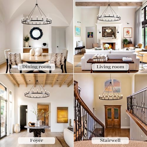 Black Wagon Wheel Chandelier, 20 Light Large Farmhouse Industrial Rustic Chandelier, 48 Inch Round Ceiling Pendant Light for Dining Room Living Room Entryway Foyer - Image 6