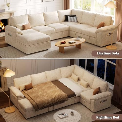 106'' Modular Sectional Sofa with Pull Out Bed, Sleeper Sofa, Beige - Image 4