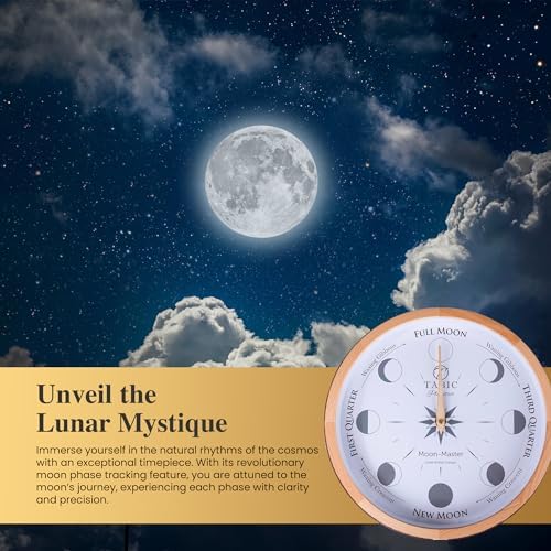 Planeteco Moon Master - Precision Lunar Phase Wall Clock - Accurate Moon Tracking & Easy-to-Read Dial for Lunar Cycle - Stylish Round Moon Phase Clock - Celestial Home Decor - Natural Stain - Image 6