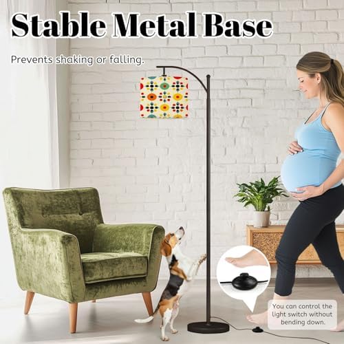 Arc Floor Lamp Mid century fifties modern retro colors seamless pattern collection Dimmable Modern Standing Lamp with Remote Adjustable Drum Shade Footswitch Tall Pole Lamp for Living Room Bedroom - Image 4