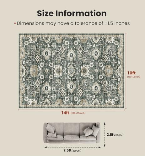 Amada Large 10x14 Washable Area Rug for Living Room, Green/Brown, Vintage - Image 2