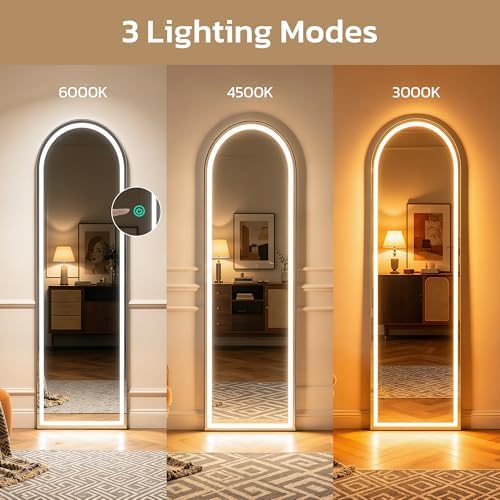Arched Full Length Mirror with LED Lights, 60"x16" LED Floor Mirror with Stand, Body Floor Mirrors with Dimming & 3 Color Lighting, Wall Mounted LED Mirrors for Bedroom, Dressing Room, Cloakroom - Image 4