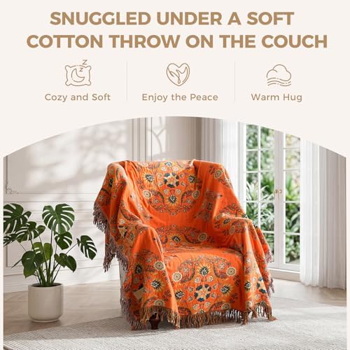 LUTBM Boho Throw Blanket for Bed 60"x80", 100% Cotton Orange Couch Blankets - Image 4