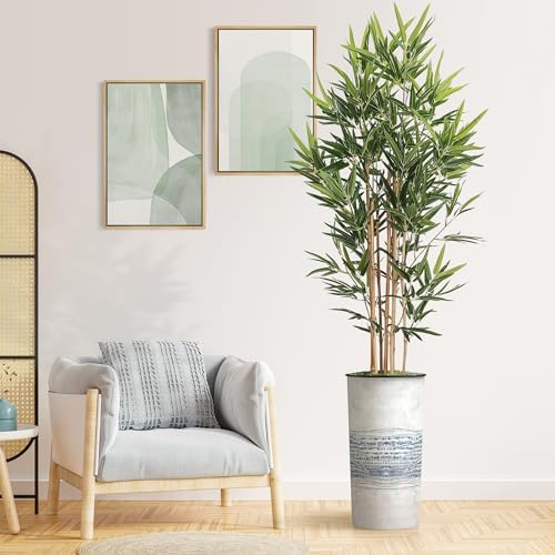 Artificial Tree in Blue Gray Industrial Line Pattern Planter, Fake Bamboo Silk Tree for Indoor and Outdoor Home Decoration - 70" Overall Tall (Plant Pot Plus Tree) by SIGNWIN