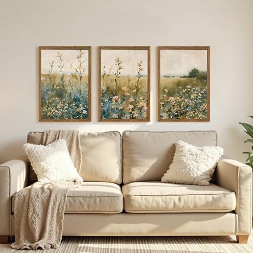 AVECCO 3 Pieces Vintage Wildflower Field Wall Art Framed Canvas 20x30 inch - Image 3